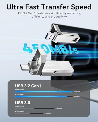High-Speed 128 GB USB C Flash Drive – Dual USB-A and USB-C Memory Stick with 450 MB/s Transfer Rate for Effortless Data Storage Across Smartphones, Tablets, Computers & Game Consoles – Compact & Durable Design for Ultimate Portability