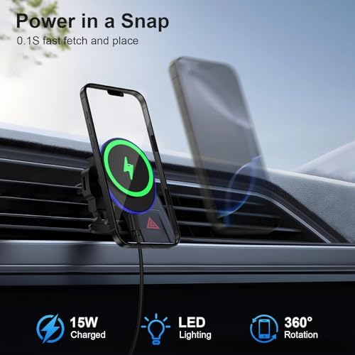 15 W Magnetic Wireless Car Charger – Fast Charging Mag Safe Car Mount Holder for i Phone 12-16 & Samsung Galaxy S23-S25 Ultra – Optimized Air Vent Design for Safety & Convenience