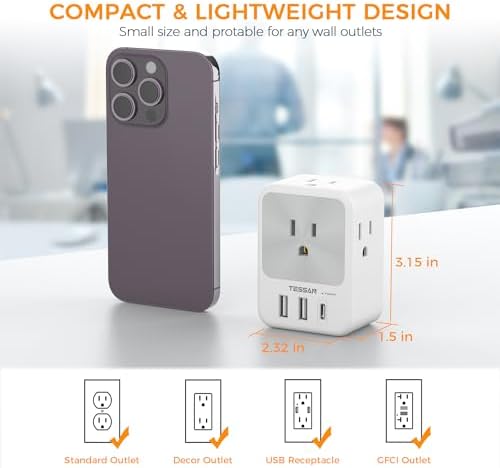 TESSAN Surge Protector Wall Outlet Extender with 3 AC Ports & 3 USB Charging Blocks (Including USB-C) – Multi Plug Wall Charger for Enhanced Device Connectivity in Home, Office, Dorm & School – Fast Charging & Compact Design for Ultimate Convenience
