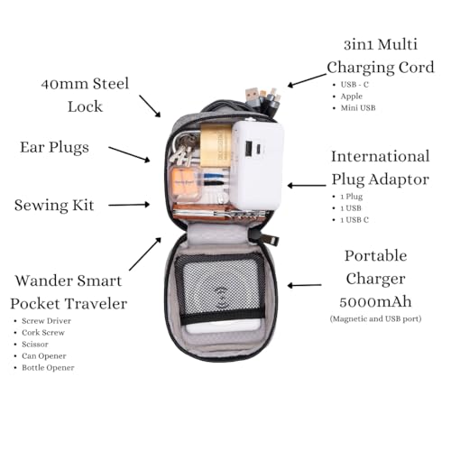 Ultimate Travel Essentials Set – All-in-One International Travel Gear with Universal Adapter, High-Capacity Power Bank, 3-in-1 Charging Cable, Security Lock, Compact Sewing Kit, and Noise-Reducing Ear Plugs (Grey) – Your Key to Stress-Free Adventures Across the Globe
