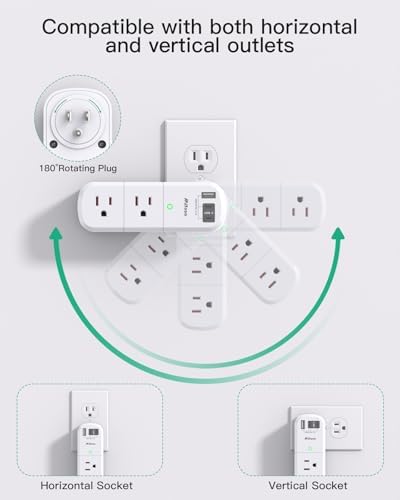 Mifaso 6-Outlet Surge Protector with 3 USB Fast Charging Ports – Rotating Plug Power Strip for Home, Travel, and Dorm Room Use – 1800 Joules of Protection with 3-Sided Swivel Design for Maximum Accessibility and Device Compatibility