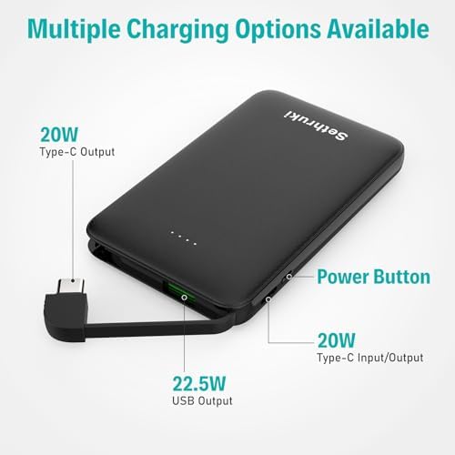 Ultra-Slim 20 W Fast Charging Power Bank with Built-in USB C Cable – 6000 m Ah Lightweight Portable Charger for i Phone 16, 15, Samsung & Android Devices – Essential Travel Battery Pack for On-the-Go Power Needs