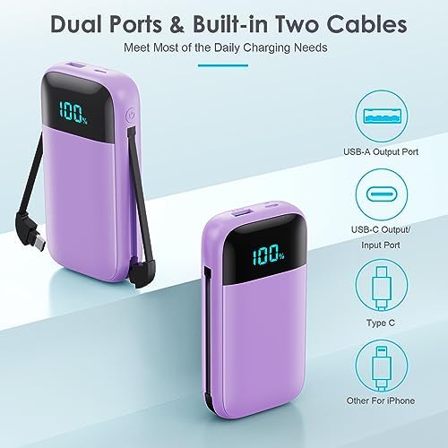 Ultra-Compact 13,800 m Ah Portable Charger with Built-In Cables – PD Fast Charging Power Bank for i Phone 15/14/13/12 & Android Devices – Stylish Pink Design with LCD Display for Real-Time Battery Monitoring – Perfect for Travel and Daily Use – Multi-Device Charging Solution