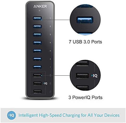 Anker 7-Port USB 3.0 Data Hub with 36 W Power Adapter – Ultimate Connectivity Solution for Rapid Charging and High-Speed Transfers for Laptops, Mac, i Phone, i Pad, and More – Perfect for Home and Office Workstations