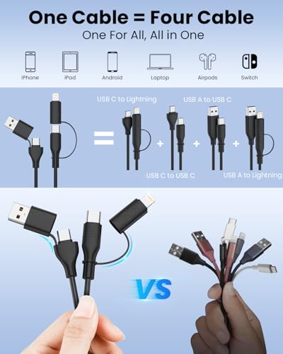 4-in-1 Retractable Lightning & USB-C Charging Cable – 60 W Fast Charge Compatible with i Phone 6-16, Perfect for Car Play and On-the-Go Power Solutions, Durable Coiled Design, 4 FT Tangle-Free Cable for Effortless Charging and Ultimate Convenience in Black