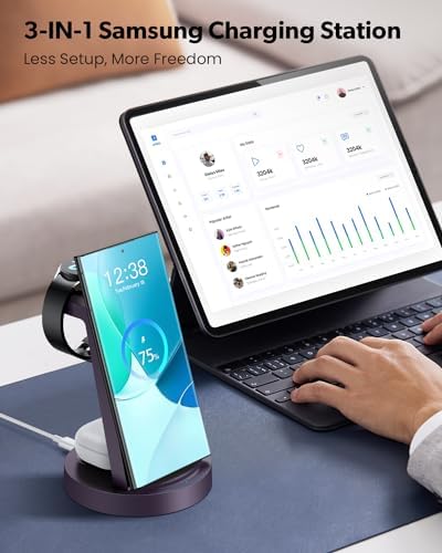 Revolutionary 3-in-1 Wireless Charging Station for Samsung Devices: Fast Charging Dock for Galaxy Watch 7, 6, 5, 4, 3 Pro, Classic & Galaxy Buds – Sleek Stand Compatible with S25, S24 Ultra, S23, S22, S21, Note, and Z Fold – Optimal Efficiency and Stylish Design for Home or Office Use