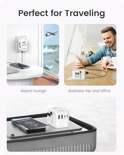 LENCENT 85 W Universal Travel Adapter with Retractable USB-C Cable – High-Speed International Plug Converter Featuring 3 Type-C & 1 USB-A Ports for Effortless Worldwide Charging – Your Ultimate Travel Essential for Maximum Compatibility, Fast Charging, and Ga N Technology Efficiency