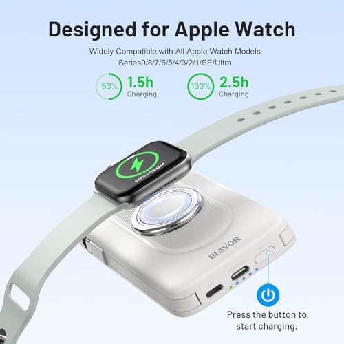 Magnetic Wireless Power Bank for Apple Devices – BLAVOR 10,000 m Ah Portable Charger with Built-in Cables and 20 W Fast Charging, Seamless Compatibility for i Phone 16/15/14/13/12 and Apple Watch, Integrated Stand for Hands-Free Use, Sleek White Design – Ultimate Convenience for On-the-Go Charging