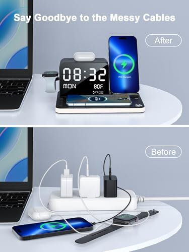 Ultimate 7-in-1 Wireless Charging Station for Apple Devices – Fast 33 W Charger with Bluetooth Time Sync, Night Light & Multi-Device Compatibility for i Phone 16/15/14/13/12 Pro Max, Android Phones, Air Pods & Apple Watch – Stylish & Efficient Power Solution