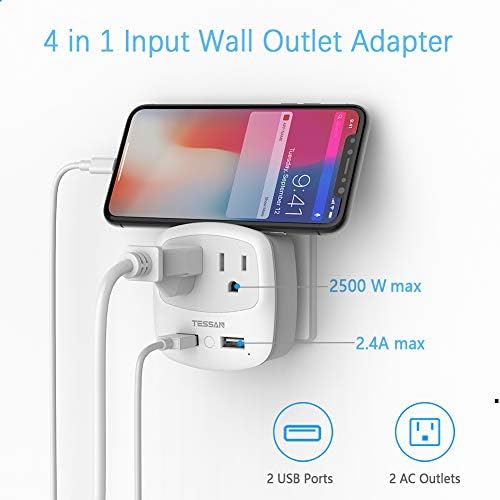 Ultimate TESSAN Type G UK Travel Plug Adapter with Dual USB Fast Charger Ports – Compact US to UK Power Converter for Effortless Global Connectivity in Scotland, London, Ireland, Kenya, Dubai & Qatar