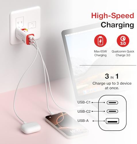 Haribo 65 W Ga N Wall Charger – Fun Gummy Bear Design with PD & QC 3.0 Fast Charge Technology, 3-Port USB-C/USB-A Adapter for i Phone, Galaxy, Pixel, i Pad, Earbuds, Switch, and More – Compact, Universal Compatibility for Effortless Charging at Home or on the Go