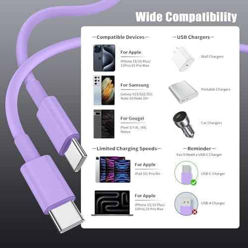 6-Foot USB C Cable for i Phone 15 – 3-Pack Durable Woven Fast Charging Solution for i Phone 16, Mac Book Pro, and Samsung Galaxy S23 Ultra – Optimal Length for Home, Office, and Travel Use – 60 W Power Delivery & High-Speed Data Transfer