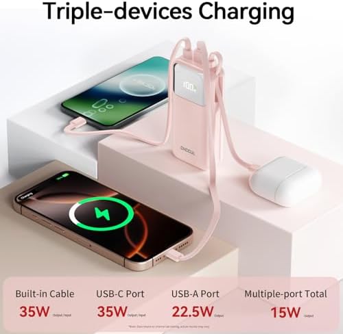 10,000 m Ah Portable Power Bank with Integrated USB-C Cable – Ultra-Fast Charging Solution for i Phone 16/15, Mac Book, Galaxy, i Pad & Air Pods – Your Essential Travel Power Companion with Superior Device Compatibility and Speed