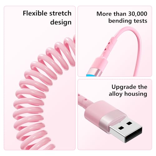 2-Pack Retractable Coiled USB-C to Lightning Charger Cable for i Phone – MFi Certified Fast Charging Solution for i Phone 14/13/12/11 SE/Xr & i Pad – 4 Ft Pink Car Play Cable for Uber and On-the-Go Syncing – Durable, Tangle-Free Design for Ultimate Portability and Efficiency