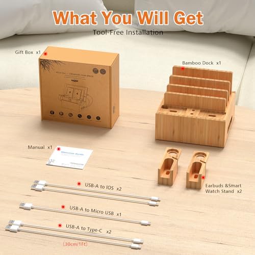 Eco-Friendly Bamboo Multi-Device Charging Hub: Efficient Organizer with Rapid Charge Technology and 5 Premium Cables for Phones, Tablets, Earbuds & Smartwatches – Elegant Power Station for Home & Office Efficiency