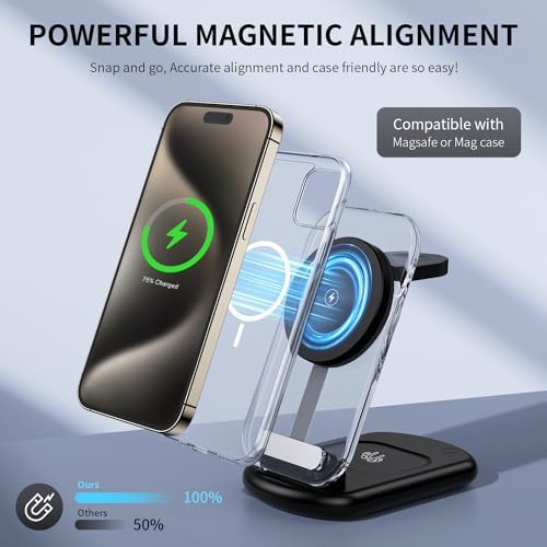 2025 Magnetic 3-in-1 Wireless Charging Station for i Phones, Apple Watches, and Air Pods – Fast Travel Charger with Integrated Light Indicator – Compact Design for Ultimate Portability – Perfect Gift for Tech-Savvy Couples – Compatible with i Phone 16, 15, 14, 13, 12 Pro Max Plus, Air Pods 4, 3, 2, Pro and Apple Watch Series – Enhance Your Charging Experience with Rapid Power-Up Technology