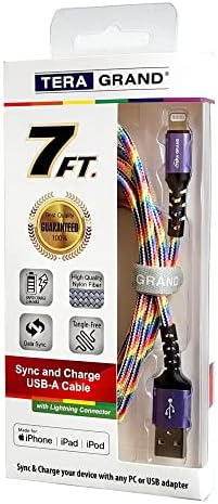 Apple C89 MFi Certified 7-Foot Lightning to USB-A Braided Charging Cable for i Phone 14/13/12/11 Pro, Max, Mini, SE, XS, XR, 8/7/6 Plus, i Pad & Air Pods – Durable, Fast Charging & Stylish Orange/White Design for Enhanced Compatibility