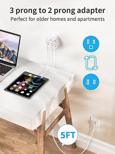 NTONPOWER 2 Prong Power Strip with 9.8 ft Extension Cord – Essential Wall-Mountable Solution for Non-Grounded Outlets with 3 AC Ports & 2 USB Charging Ports – Perfect for Modern Homes and Vintage Spaces