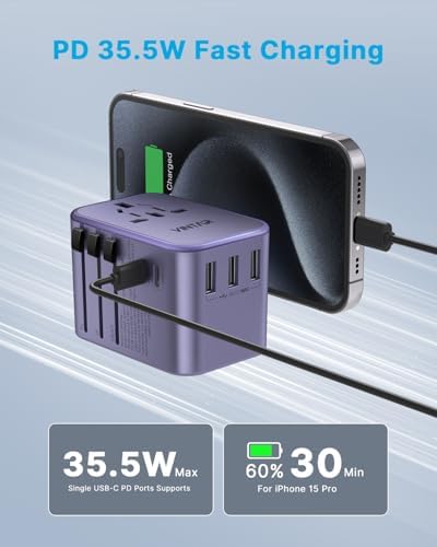 VINTAR Universal Travel Adapter: All-in-One Power Converter with 6 A Output, 3 USB-C and 2 USB Ports for Fast Global Charging Across Europe, UK, USA, and Australia – Essential Travel Accessory for Effortless Device Connectivity and Safety Features