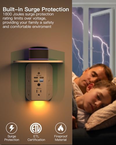 Revolutionary Wall Outlet Extender with Integrated Shelf & Adjustable Night Light – 5 USB Ports Including Rapid USB-C Charging, Surge Protection, and Compact Design for Enhanced Organization and Efficiency