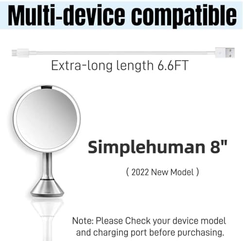 Premium 6.6 ft USB-C Charging Cable for Simple Human 8″ Round Sensor Makeup Mirrors – Fast Charging, Enhanced Compatibility for Models ST3052, ST3053, ST3054, ST3055, ST3034 – Durable Power Solution for Flawless Makeup Application Anytime
