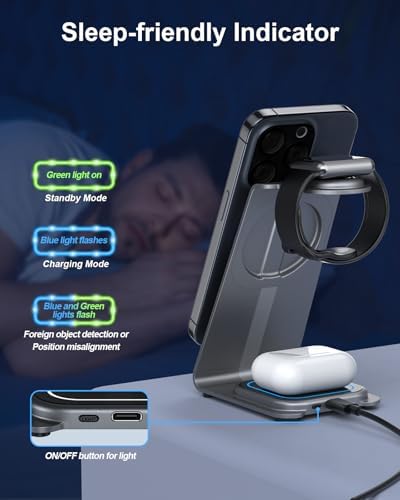 Revolutionary 3-in-1 Magnetic Fast Wireless Charging Station for Apple Devices – Seamless Charging for i Phone 16/15/14/13/12 Pro Max, i Watch 9/8/7/6/5/4/Ultra/SE, and Air Pods Pro/4/3 – Ideal Gift for Tech Enthusiasts – Sleek Design with Enhanced Compatibility and Space-Saving Efficiency