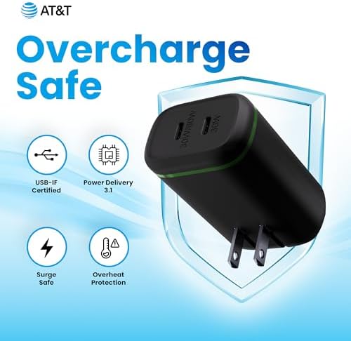 AT&T 60 W Dual USB-C Power Delivery Wall Charger – Efficient Rapid Charging for Smartphones, Tablets, and Laptops with Safety Features – Compact & Portable Dual Device Adapter for Home and Office Use