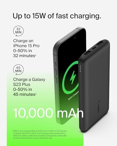 Belkin 10,000 m Ah Portable Charger – Fast Charging USB C Power Bank with Dual USB-A Ports for Multiple Devices, Includes Type-C to Type-A Cable, Compatible with i Phone 16, Samsung Galaxy S25, Nintendo Switch 2, i Pad & More – Lightweight Blue Design for Effortless Portability and Enhanced Power Delivery