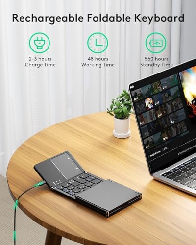 Samsers Portable Bluetooth Keyboard with Touchpad – Ultra-Slim Foldable Wireless Keyboard for Effortless Typing on Android, Windows, and i OS Devices – Rechargeable, Travel-Friendly Design with Device Holder – Black