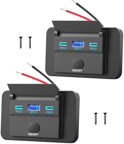 Dual USB Charger Socket Panel – 2 Pack 12 V Waterproof Surface Mount Outlet with 30 W USB-C & QC 18 W for RV, Bus, Marine & Motorcycle – Fast Charging Solution with Button Switch for Ultimate Convenience and Compatibility