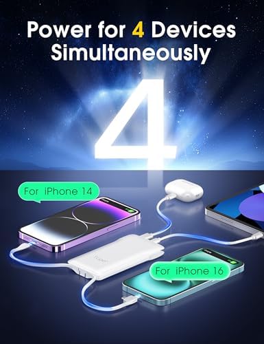 Ultra-Slim 10,000 m Ah TG90° Portable Power Bank with Built-in Lightning and USB-C Cables – Fast Charging, Lightweight Battery Backup for i Phone and Android Devices – Essential On-the-Go Charger for Busy Lifestyles