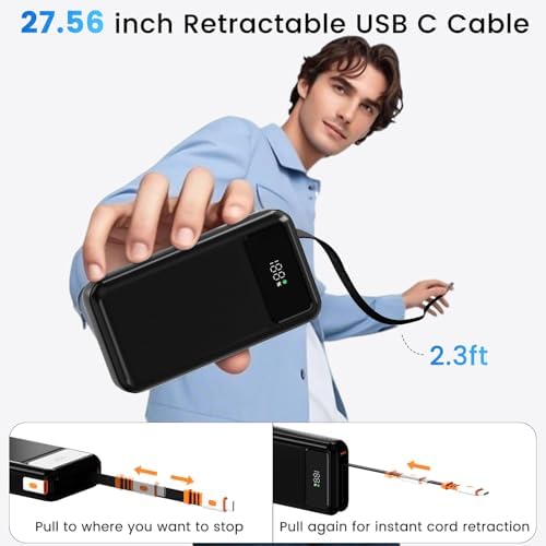 LUCKYDUO 10000 m Ah Power Bank with Retractable 2.3 ft Charging Cable – Ultra-Compact Fast Charging USB-C Battery Pack for i Phone 16/15/Pro & Samsung – LED Display for Travel-Friendly Power Solution and Universal Device Compatibility