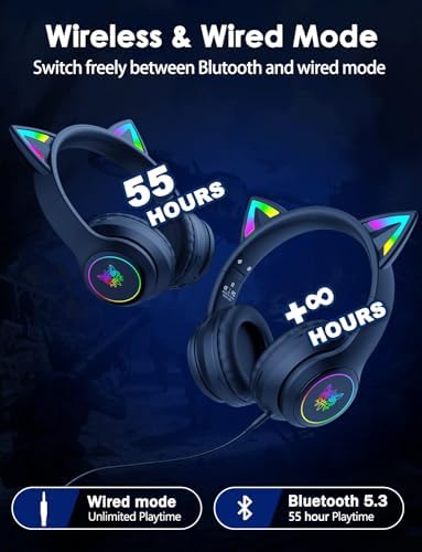 Whimsical Cat Ear Bluetooth Headphones for Kids & Adults – Immersive Hi-Fi Sound, 55-Hour Playtime, LED Light-Up Design, Built-In Microphone, and Universal Compatibility with i Phone, i Pad, Laptop & PC for Ultimate Fun and Comfort