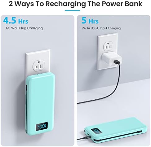 Ultra-Slim 13800 m Ah Portable Charger with Built-in Cables & AC Plug – Multi-Device USB-C Power Bank with 4 Outputs & LCD Display for i Phone, Samsung, and Android – Effortless Charging on the Go