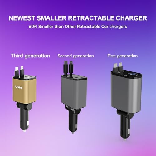 Premium Flexino Compact Retractable Car Charger for i Phone 16 – 69 W Fast Charging with Dual 2.6 ft USB C Cords | Efficient Power Adapter Compatible with i Phone 16/15/14/13/12 Series & Galaxy Devices | Sleek Grey Design for Ultimate Portability and Reduced Cable Clutter