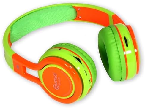 Contixo KB-2600 Kid-Friendly Wireless Bluetooth Headphones with Volume Limiter – Safe Listening with Built-in FM Radio & LED Lights – Comfortable Over-Ear Design in Vibrant Green/Orange – Durable, Lightweight, and Fun Audio Experience for Children