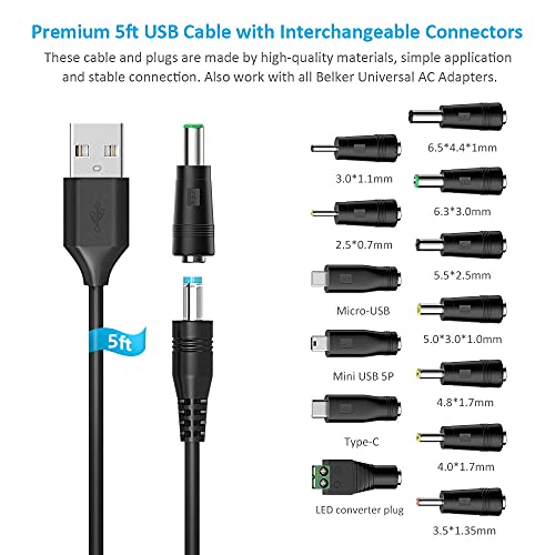 Universal 5 V DC Charging Cable by Belker – USB to DC Power Cord with 14 Interchangeable Plug Adapters for Enhanced Device Compatibility and Fast 3 A Charging – Ideal for Home, Office, and Travel Use
