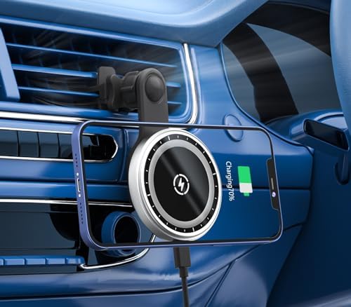 Magnetic Wireless Car Charger with Extended Arm for Unobstructed Airflow – 15 W Fast Charging Phone Holder Mount for Dashboard or Air Vent – Compatible with i Phone & Android Devices – Effortless Navigation and Music Control while Driving