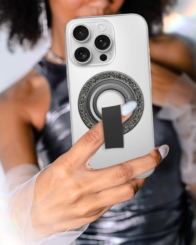 Tycamp Mag Safe-Compatible Glitter Phone Grip Ring Holder Stand for i Phone 16/15/14/13/12 Series – Stylish Magnetic Phone Accessory with Removable Rotating Design for Enhanced Grip and Glam Appeal in Black – Secure Attachment for Selfies, Texting, and Viewing
