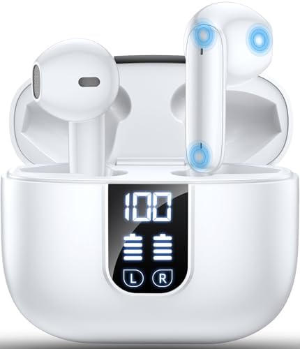 Next-Generation Bluetooth 5.4 Wireless Earbuds with Deep Bass Audio and IPX7 Waterproof Design – 35 Hours of Playtime, Advanced Environmental Noise Cancellation for Superior Call Clarity, Ergonomically Crafted for Ultimate Comfort, LED Battery Monitoring, Compatible with Android and i OS Devices, Elegant White Aesthetic