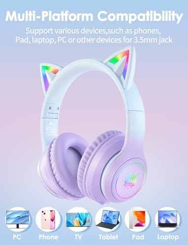 Whimsical Cat Ear Bluetooth Headphones for Kids & Adults – Immersive Hi-Fi Sound, 55-Hour Playtime, LED Light-Up Design, Built-In Microphone, and Universal Compatibility with i Phone, i Pad, Laptop & PC for Ultimate Fun and Comfort
