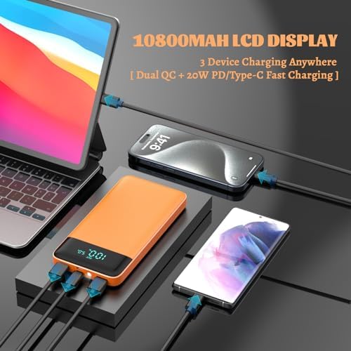 Ultra Slim 10800 m Ah Portable Charger with LCD Display – Fast Charging Power Bank with 20 W PD USB-C Output, Ideal for i Phone 15, 14 & Samsung Android – Compact Power Solution for On-the-Go Charging