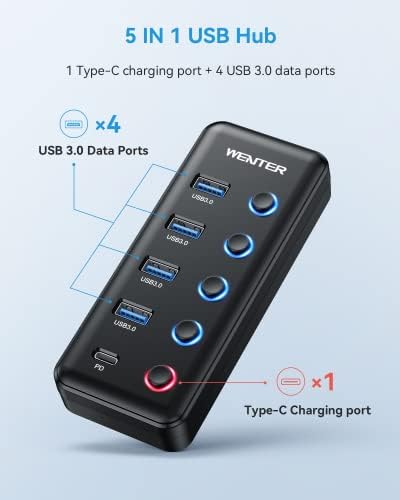 Maximize Your Connectivity with the Wenter 5-Port USB 3.0 Hub – Fast Data Transfer and Type-C Charging Hub for Mac & PC, Featuring Individual LED Switches for Power Management and Enhanced Performance