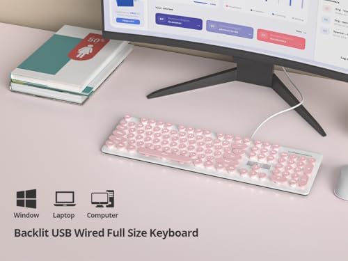 Vibrant Purple Ergonomic Wired Membrane Keyboard – Full-Size 104 Keys with Round Typewriter Keycaps, White LED Backlighting, and Ultra-Quiet Performance for Enhanced Productivity in Any Workspace