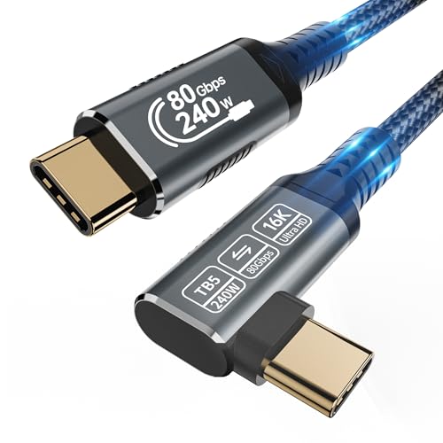 240 W 80 Gbps Right Angle USB-C Cable – Thunderbolt 5 Compatible 3.3 ft, 90 Degree Design for 8 K/16 K 60 Hz Displays, Ultra-Fast Data Transfer and Power Delivery, Ideal for Compact Workspaces and High-Performance Devices