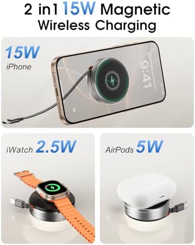Revolutionary 2-in-1 Retractable Mag Safe Charger for i Phone 15/16 Pro – Ultimate Magnetic Wireless Charging Station for Air Pods & Apple Watch, Compact Travel Design, Fast Charging, Sleek Silver Finish, Enhanced Compatibility for Apple Devices