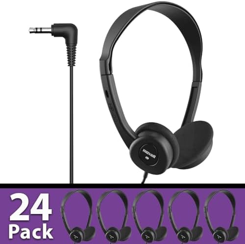 Maxell Teachers 24-Pack Stereo Headphones – Superior Comfort & 6-Foot Wired Flexibility for Classrooms, Padded Ear Cushions for Extended Use, Adjustable Headband for All Sizes, Lightweight Design for Effortless Portability, Durable Audio Solution Tailored for Educational Excellence