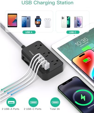 Compact Power Strip with 6 Outlets and 4 USB Ports (2 USB-C) – 5 Ft Braided Extension Cord with Ultra-Slim Flat Plug for Wall Mounting – Essential Overload Protection for Travel, Dorm Rooms, and Cruise Ships – Versatile Device Charger for Modern Living