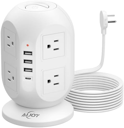 Compact Surge Protector Power Strip Tower with 8 AC Outlets & 4 Fast-Charging USB Ports (1 USB-C) – Aioy 10 FT Flat Plug Extension Cord for Organized Home & Office Use, Black – Ultimate Device Charging Solution for Efficiency and Safety