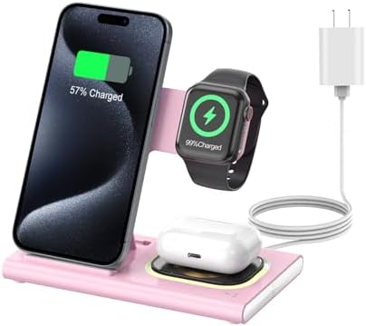 Ultra-Convenient 3-in-1 Foldable Wireless Charging Dock for Apple Devices – Rapid Power-Up Station for i Phone 16/15/14/13/12/11/X/XS, Apple Watch Series 10/9/8/7/Ultra2/Ultra/SE, and Air Pods Pro/2/3/4 – Lightweight Travel Charger with Integrated LED Light for Enhanced Portability and Efficiency